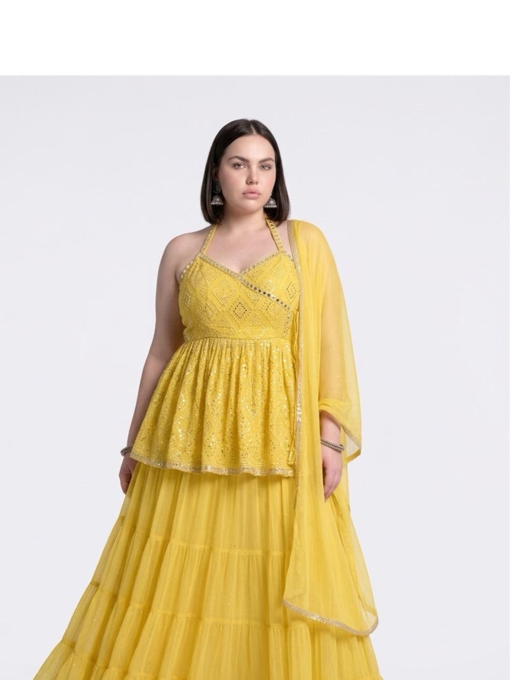 Yellow Embellished Halter Peplum Lehenga Set